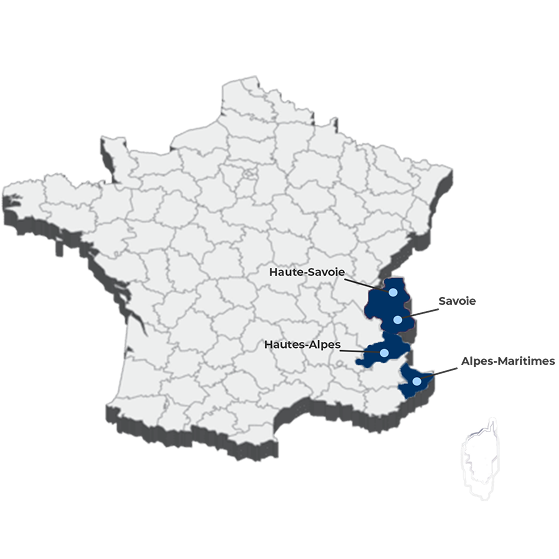 Carte de France avec les 4 pôles qui accueilleront les JO de 2030.